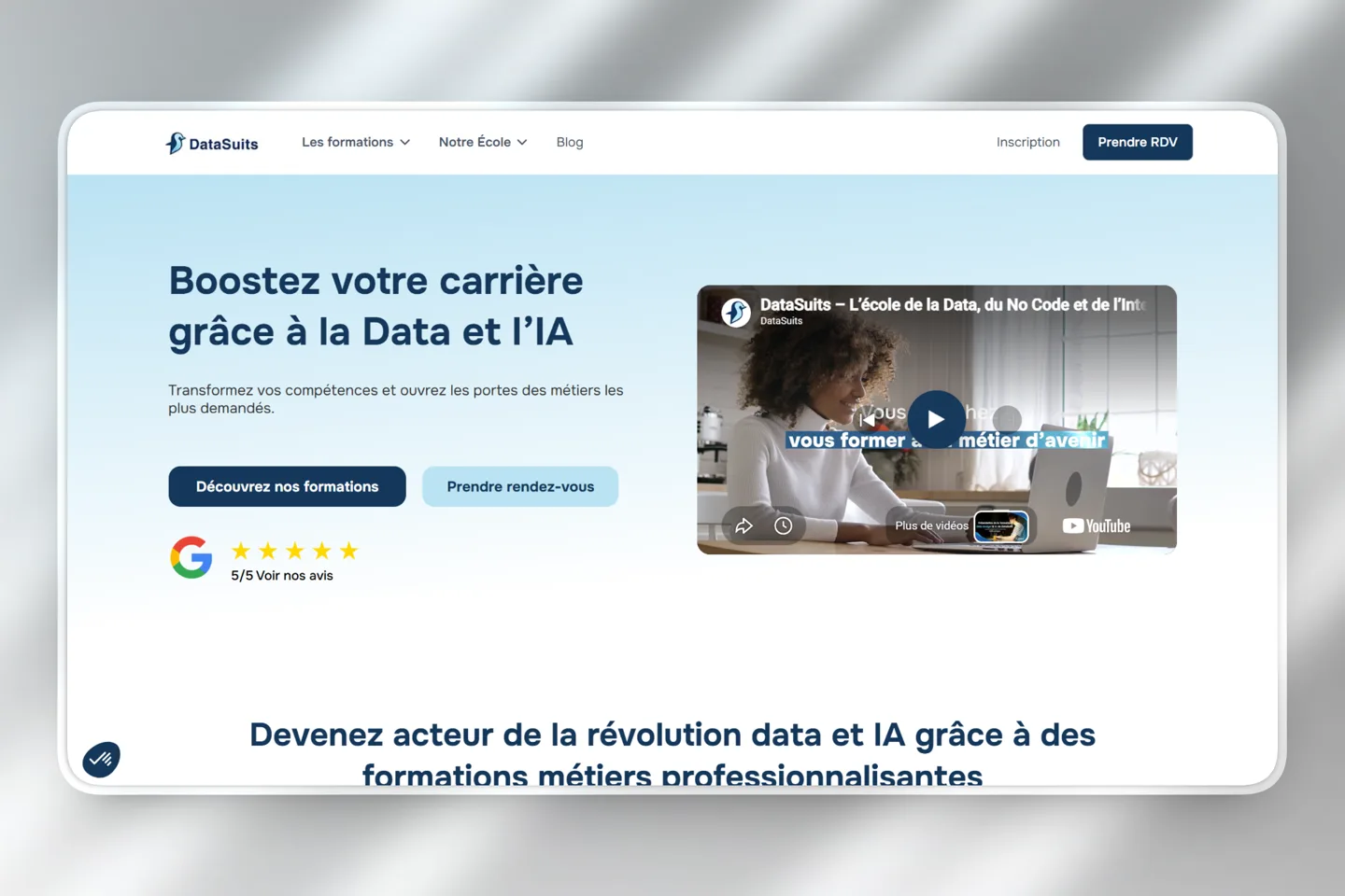Site DataSuits, école de la Data et de l'IA, réalisé par DevDream