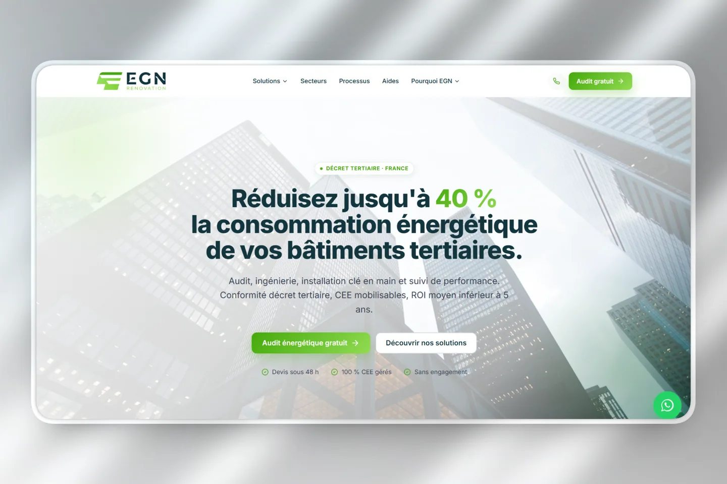 Site EGN Rénovation, rénovation énergétique des bâtiments tertiaires, réalisé par DevDream